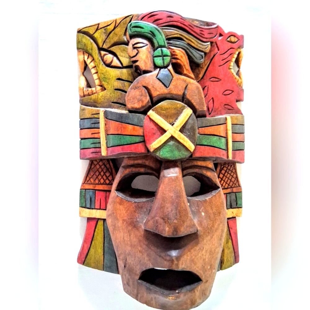 Hand Carved & Painted Wooden Mask Mayan/Aztec Culture - Mexican Art